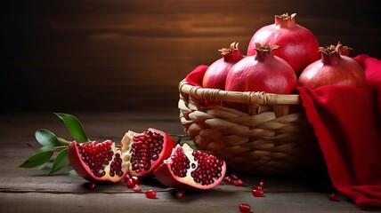 Ripe pomegranate fruit in a basket on wooden background