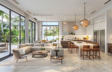 an open plan modern home interior, bright and airy in style with neutral tones, white walls, light grey floor tiles, large windows, sliding doors to the backyard - obrazy, fototapety, plakaty