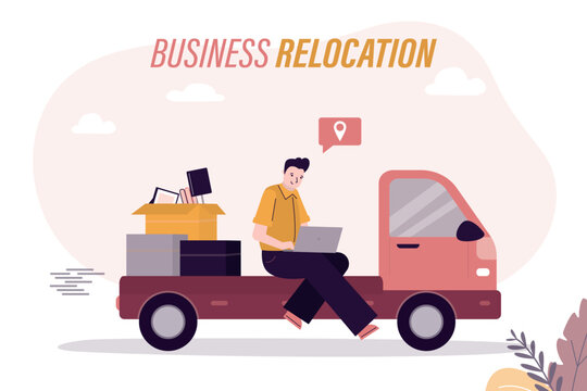 Office relocation service. Employee with laptop and office supplies in boxes rides on truck. Change of business and office location. Relocation of business and human resources.