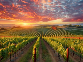 A picturesque vineyard bathed in the soft glow of early morning light, with rows of grapevines stretching toward the horizon rustic elegance Subtle