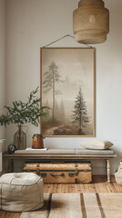mockup poster frame hanging above a vintage suitcase shelf, near a chic bench, modern interior, hyperrealistic photography
