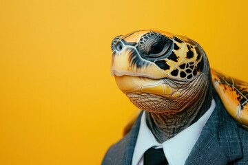 A portrait of a sea turtle with a human body, wearing a business suit and tie against a yellow background. - obrazy, fototapety, plakaty