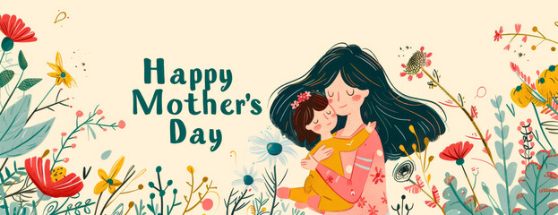 Mother's day banner. Cute cartoon illustration with mother and daughter hugging.
