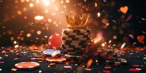 A royal crown atop a stack of poker chips, surrounded by a shower of golden confetti against a dark backdrop.	
 - obrazy, fototapety, plakaty