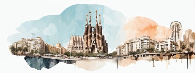 Double exposure minimalist artwork collage illustration featuring the Sagrada Familia and the Barcelona cityscape. - obrazy, fototapety, plakaty