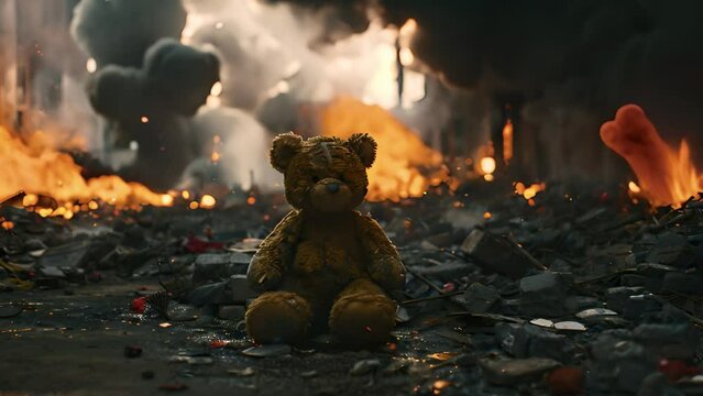 Teddy bear toy destroyed in war, who survived the fire. destructive civilian area during war time, sorrow scenery of war victim, natural disaster, idea for support children's rights. Warzone city 4k