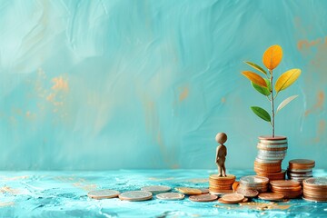 A symbolic image showcasing a young plant sprouting from a pile of assorted coins, - obrazy, fototapety, plakaty