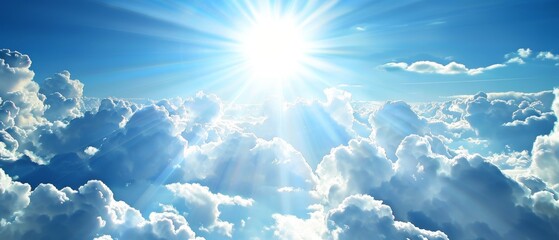Psychedelic religious image - bright light from heaven, hope and happiness from skies. Sun shines in blue sky above white clouds. - obrazy, fototapety, plakaty