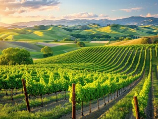 A picturesque vineyard nestled among rolling hills, with rows of grapevines stretching into the distance under the warm sun rural tranquility Soft, golden light bathes the landscape, casting a serene