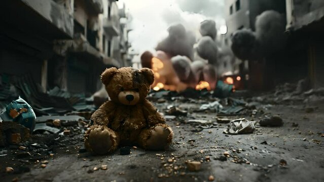 Teddy bear toy destroyed in war, who survived the fire. destructive civilian area during war time, sorrow scenery of war victim, natural disaster, idea for support children's rights. Warzone city 4k