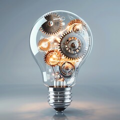 Marketable innovation shown as a lightbulb intertwined with gears, the spark of creativity meeting practical application, bright and impactful - obrazy, fototapety, plakaty
