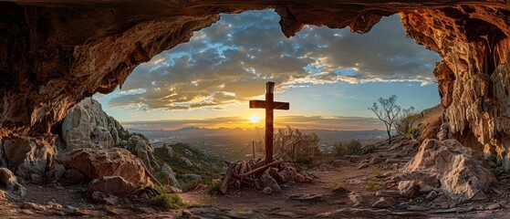 At sunset, a wooden cross can be seen from a cave. - obrazy, fototapety, plakaty