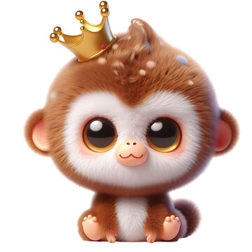 3D cartoon very cute little monkey with the crown isolated white background PNG
