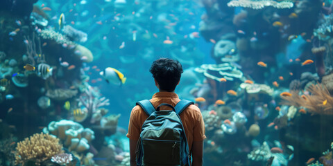 Guy looking at a big aquarium - obrazy, fototapety, plakaty