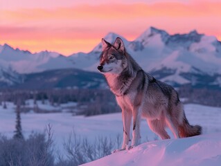 A pristine snow-covered landscape at dawn, with mountains looming in the distance and a lone wolf gazing into the horizon untamed wilderness Subtle
