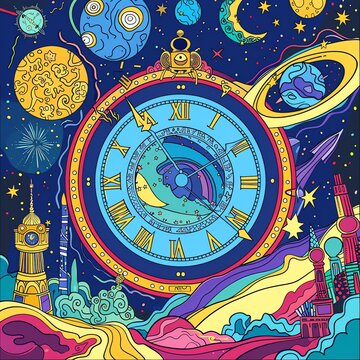 Simple coloring book cover, depicting a cosmic journey through time and space, whimsical clock and galaxy illustrations, inviting exploration