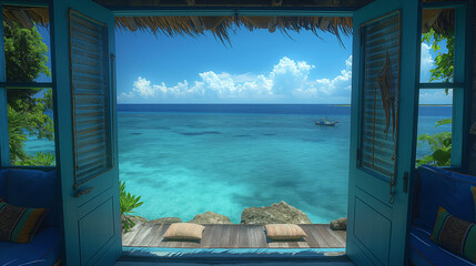 Offenes Fenster oder Tür mit Meerblick,Cocoa Island, South Male Atoll, Seychelles