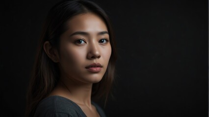 Fototapeta premium beautiful asian woman looking at camera serious on dark plain black background from Generative AI