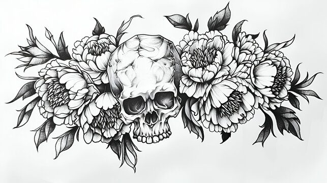 Skull adorned with colourful flowers on top, skull art concept
