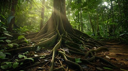Thriving Rainforest Roots Sustaining Verdant Ecosystem - obrazy, fototapety, plakaty