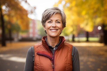 Portrait of a smiling woman in her 50s dressed in a breathable mesh vest on background of autumn leaves