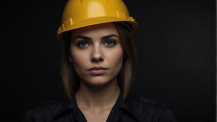 beautiful engineer architect woman looking at camera serious on dark plain black background from Generative AI