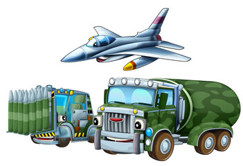 cartoon scene with two military army cars vehicles and flying jet fighter plane theme isolated background illustration for children - 786434946
