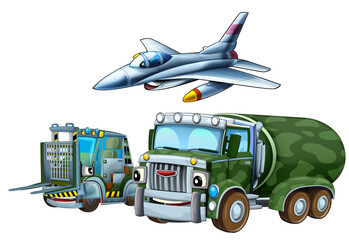 cartoon scene with two military army cars vehicles and flying jet fighter plane theme isolated background illustration for children - 786434948