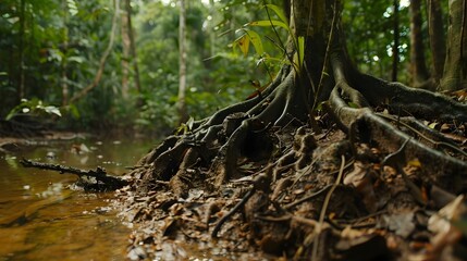 Vital Rainforest Roots Breaking Through the Ground,Essential to the Ecosystem's Balance