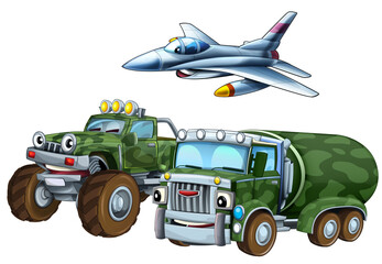 cartoon scene with two military army cars vehicles and flying jet fighter plane theme isolated background illustration for children - 786434975