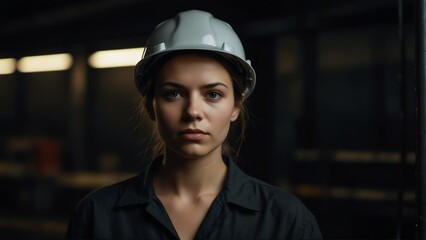 beautiful factory worker woman looking at camera serious on dark plain black background from Generative AI
