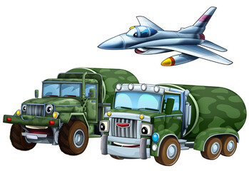 cartoon scene with two military army cars vehicles and flying jet fighter plane theme isolated background illustration for children - 786434979