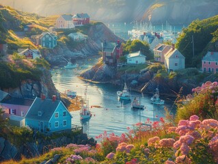 A quaint coastal village nestled against rocky cliffs, with fishing boats dotting the harbor coastal charm Soft morning light bathes the scene, casting a warm