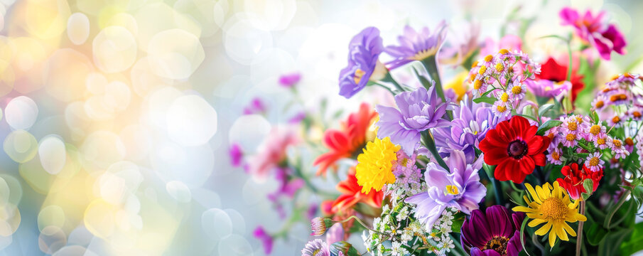 Colorful bouquet of flowers on bokeh background with copy space. Mother's day background.
