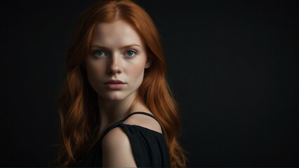 Fototapeta premium beautiful red head woman looking at camera serious on dark plain black background from Generative AI