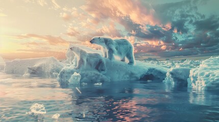 Polar Bear on Shrinking Iceberg Amid Vibrant Sunset Reflecting in the Melting Sea,Portraying Climate Crisis - obrazy, fototapety, plakaty