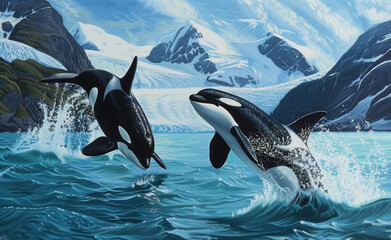 Two orcas leaping gracefully from the ocean, with snowcapped mountains in the background, showcasing their elegant and playful nature
