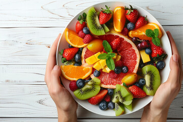 Woman holding bowl with fresh tasty fruit salad over white wooden table, top view
