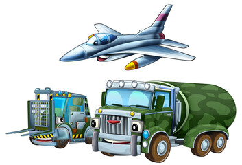 cartoon scene with two military army cars vehicles and flying jet fighter plane theme isolated background illustration for children - 786435364