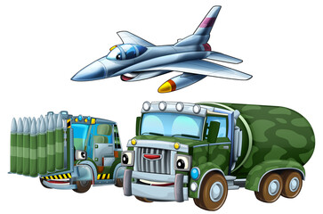 cartoon scene with two military army cars vehicles and flying jet fighter plane theme isolated background illustration for children - 786435367