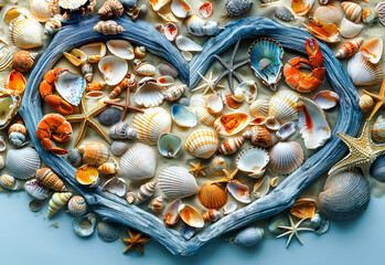 A heart-shaped array of various seashells, starfish, and a toy crab on a light background, embodying marine life and oceanic treasures
