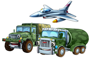cartoon scene with two military army cars vehicles and flying jet fighter plane theme isolated background illustration for children - 786435542