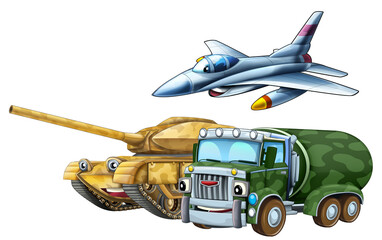 cartoon scene with two military army cars vehicles and flying jet fighter plane theme isolated background illustration for children - 786435544