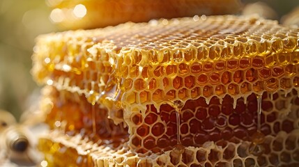 Glistening Honeycomb Filled with Golden Honey Under the Warm Afternoon Sun
