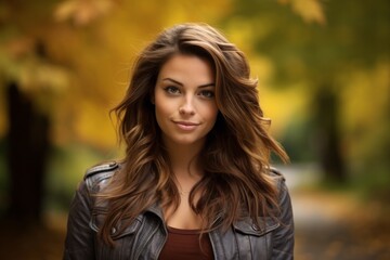 Naklejka premium Portrait of a glad woman in her 20s wearing a rugged jean vest in front of background of autumn leaves