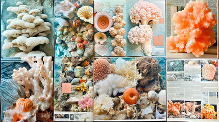 Artistic collage displaying an array of corals and seashells, highlighting the varied textures and forms found under the sea