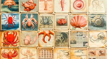 A captivating collection of vintage marine biology illustrations, depicting various marine creatures in a scientific study arrangement