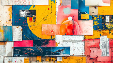 A dynamic urban collage featuring a mix of vibrant colors, geometric shapes, and textural contrasts, embodying the raw spirit of street art.