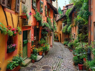 A quaint cobblestone street in an old European town, adorned with colorful flower boxes and charming cafes timeless charm Gentle sunlight bathes the scene, enhancing the romantic atmosphere