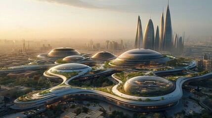 futuristic cityscape with sustainable architecture, green rooftops, and renewable energy sources